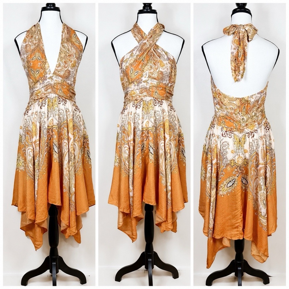 H&M Womens Halter Midi Dress 10 Orange Paisley Handkerchief Hem Boho Y2K  Fairy